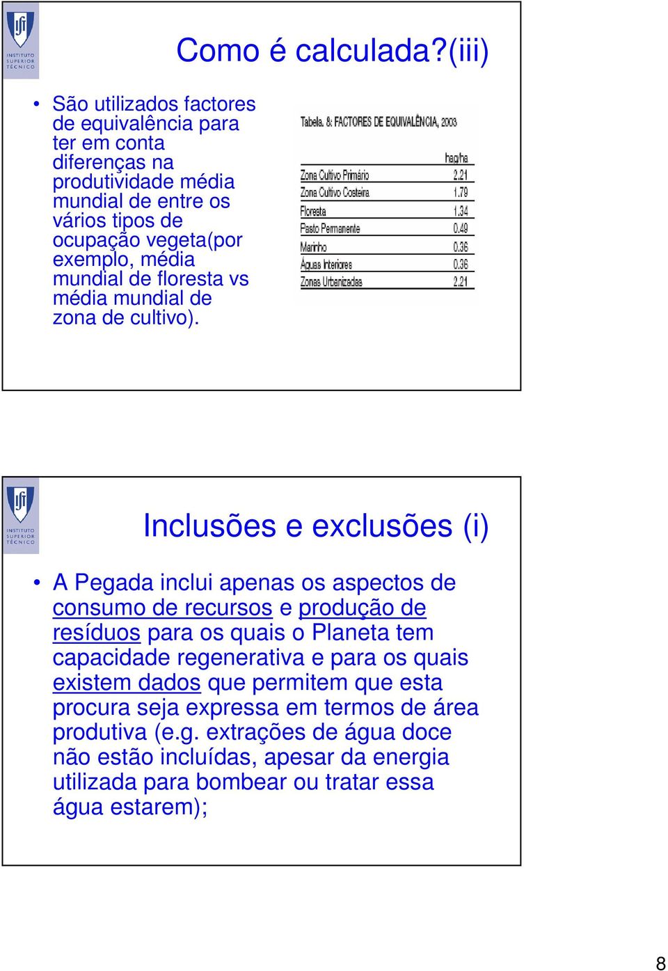 (iii) Inclusões e exclusões (i) A Pegada inclui apenas os aspectos de consumo de recursos e produção de resíduos para os quais o Planeta tem capacidade