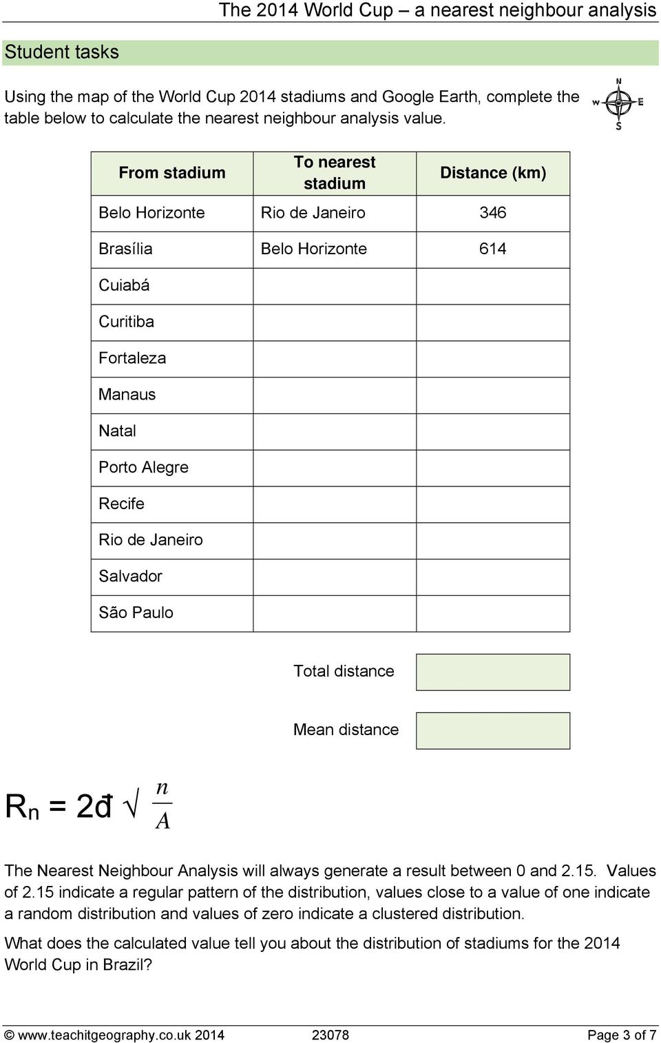 Total distace Mea distace R = 2đ A The Nearest Neighbour Aalysis will always geerate a result betwee 0 ad 2.15. Values of 2.