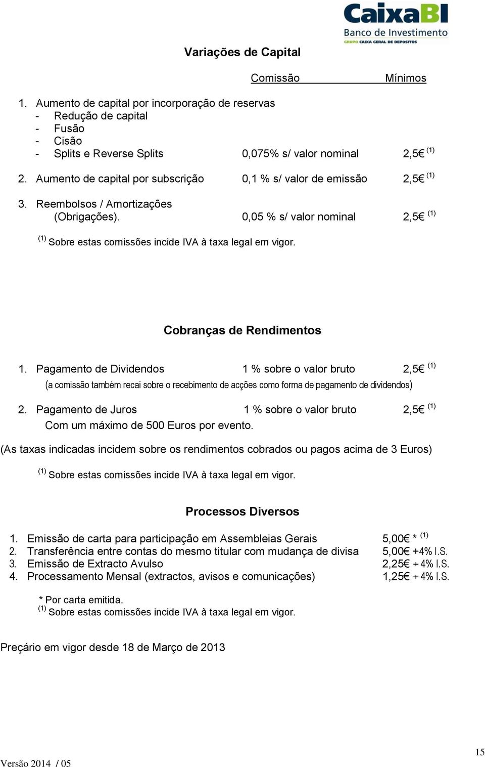 0,05 % s/ valor nominal 2,5 (1) (1) Sobre estas comissões incide IVA à taxa legal em vigor. Cobranças de Rendimentos 1.