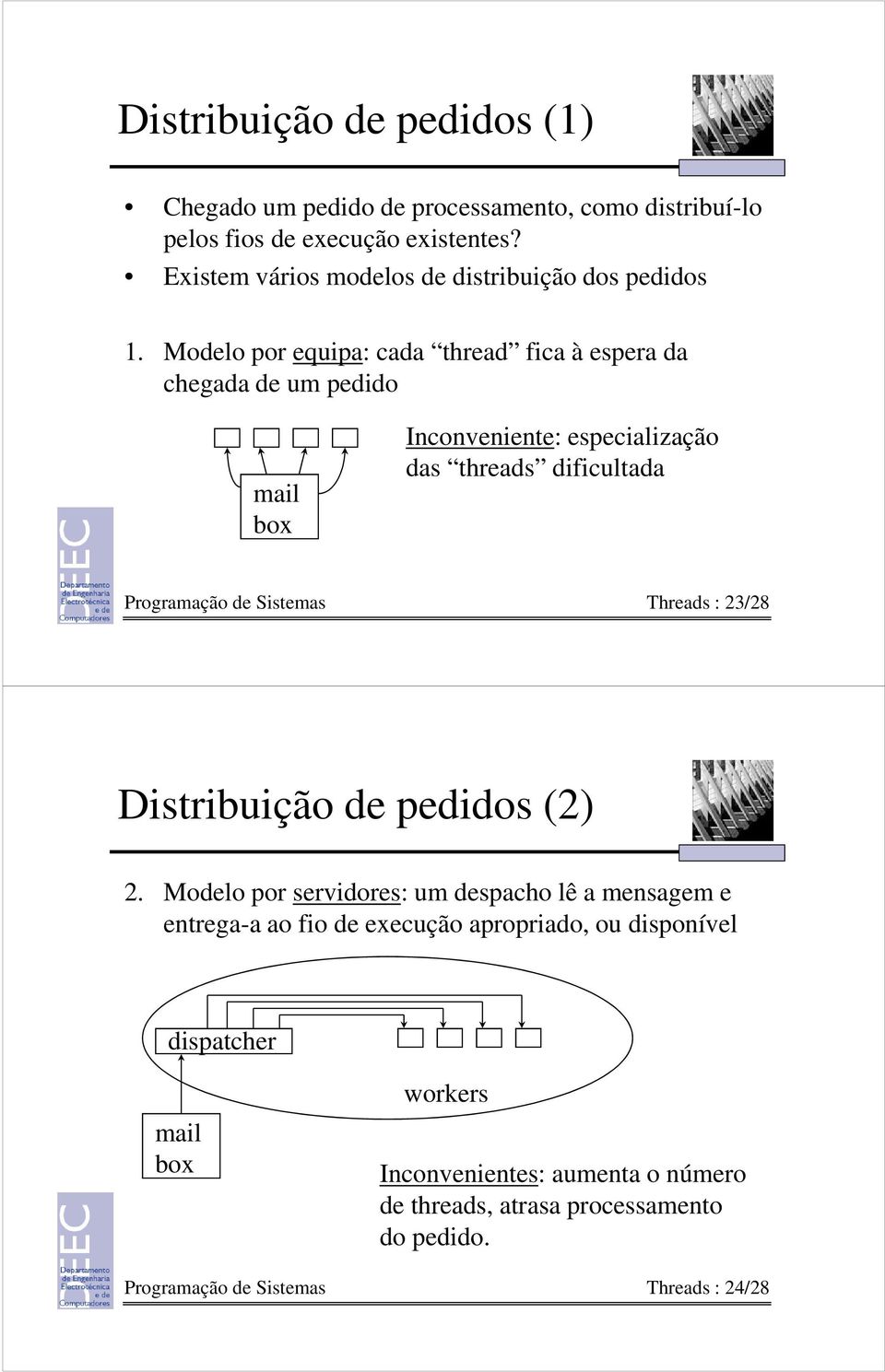 Modelo por equipa: cada thread fica à espera da chegada de um pedido mail box Inconveniente: especialização das threads dificultada Programação de Sistemas