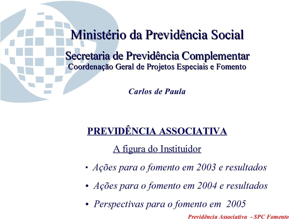 PREVIDÊNCIA ASSOCIATIVA A figura do Instituidor Ações para o fomento em 2003