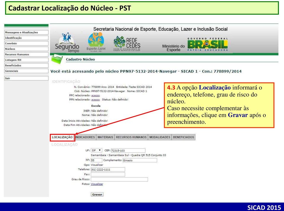 telefone, grau de risco do núcleo.