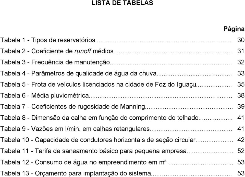 .. 38 Tabela 7 - Coeficientes de rugosidade de Manning... 39 Tabela 8 - Dimensão da calha em função do comprimento do telhado... 41 Tabela 9 - Vazões em l/min. em calhas retangulares.