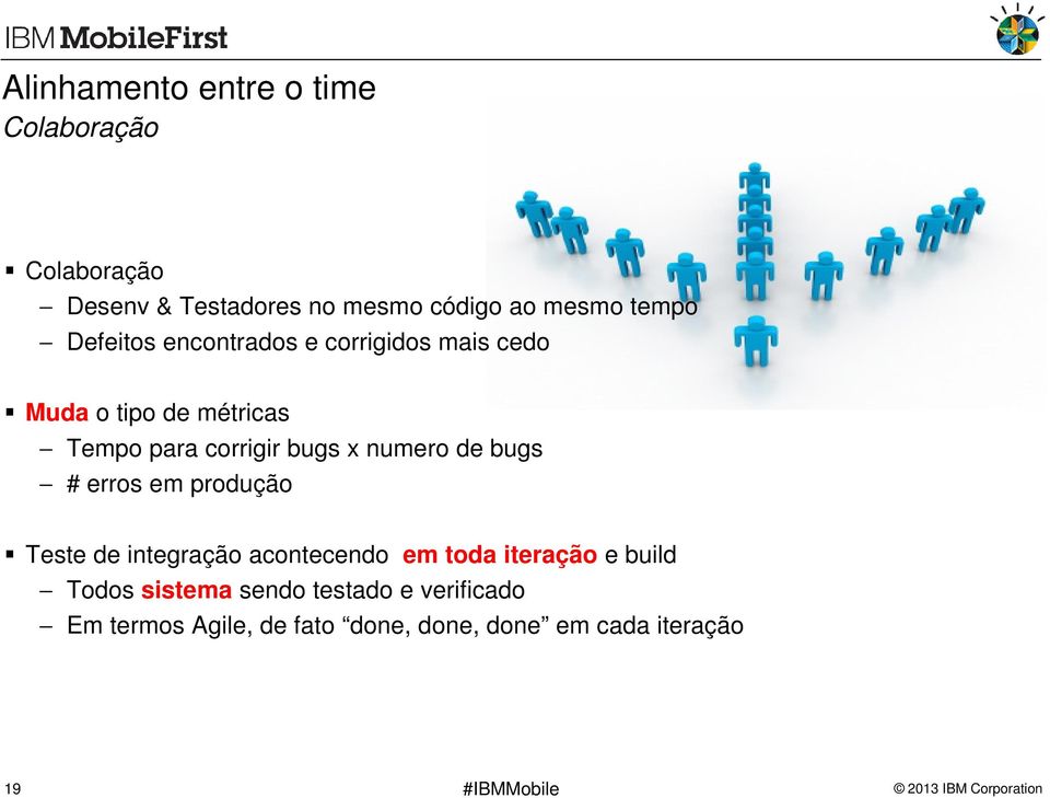 numero de bugs # erros em produção Teste de integração acontecendo em toda iteração e build Todos