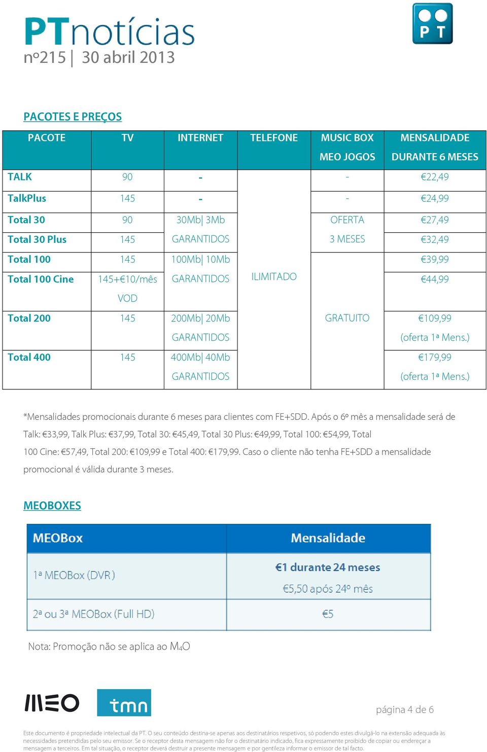 ) Total 400 145 400Mb 40Mb GARANTIDOS 179,99 (oferta 1ª Mens.) *Mensalidades promocionais durante 6 meses para clientes com FE+SDD.