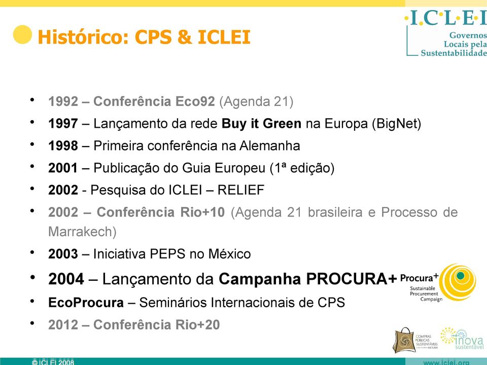 do ICLEI RELIEF 2002 Conferência Rio+10 (Agenda 21 brasileira e Processo de Marrakech) 2003 Iniciativa PEPS