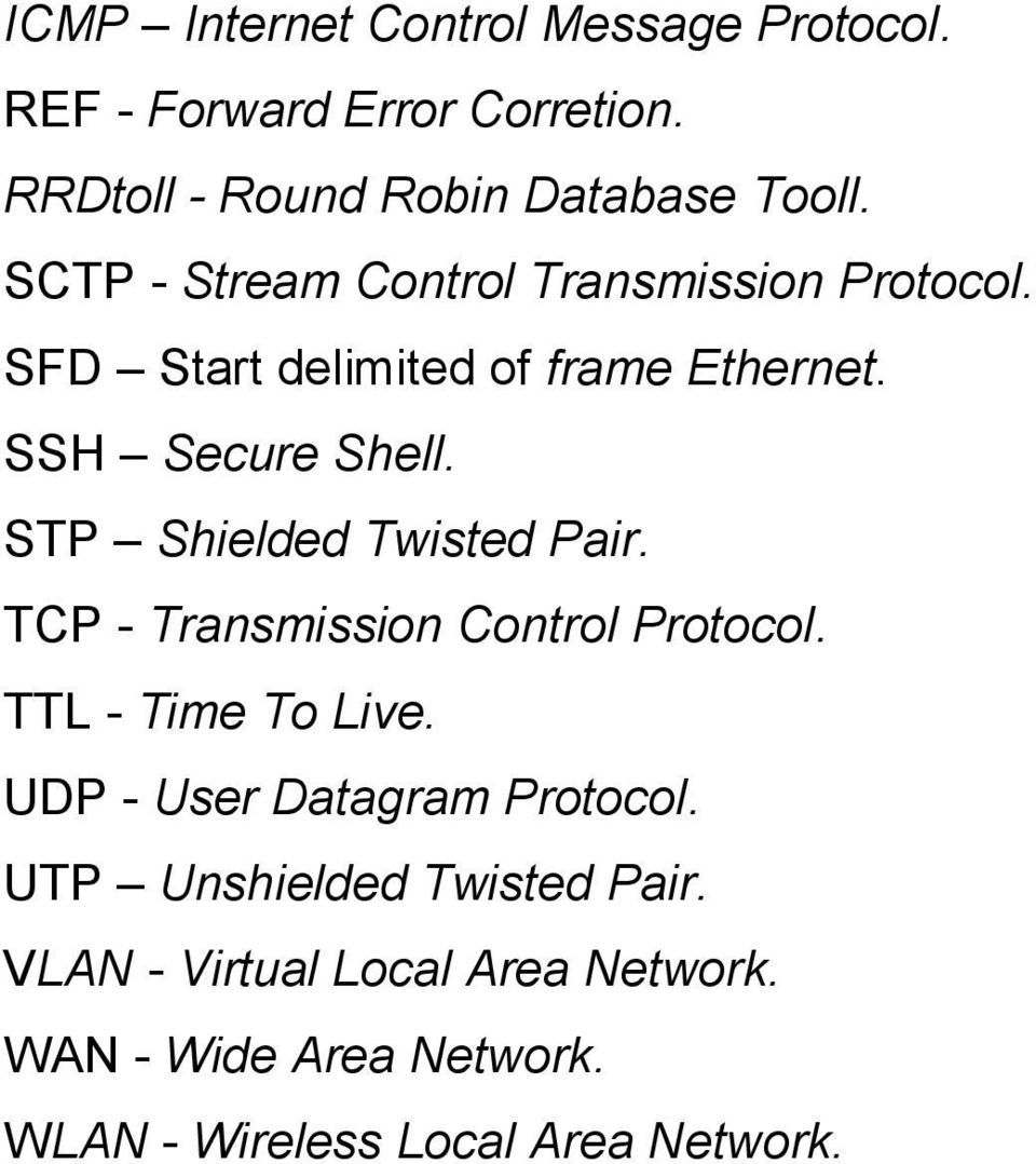 STP Shielded Twisted Pair. TCP - Transmission Control Protocol. TTL - Time To Live. UDP - User Datagram Protocol.