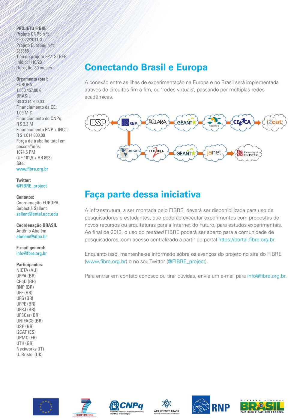 br Twitter: @FIBRE_project Contatos: Coordenação EUROPA Sebastià Sallent sallent@entel.upc.edu Coordenação BRASIL Antônio Abelém abelem@ufpa.br E-mail general: info@fbre.org.