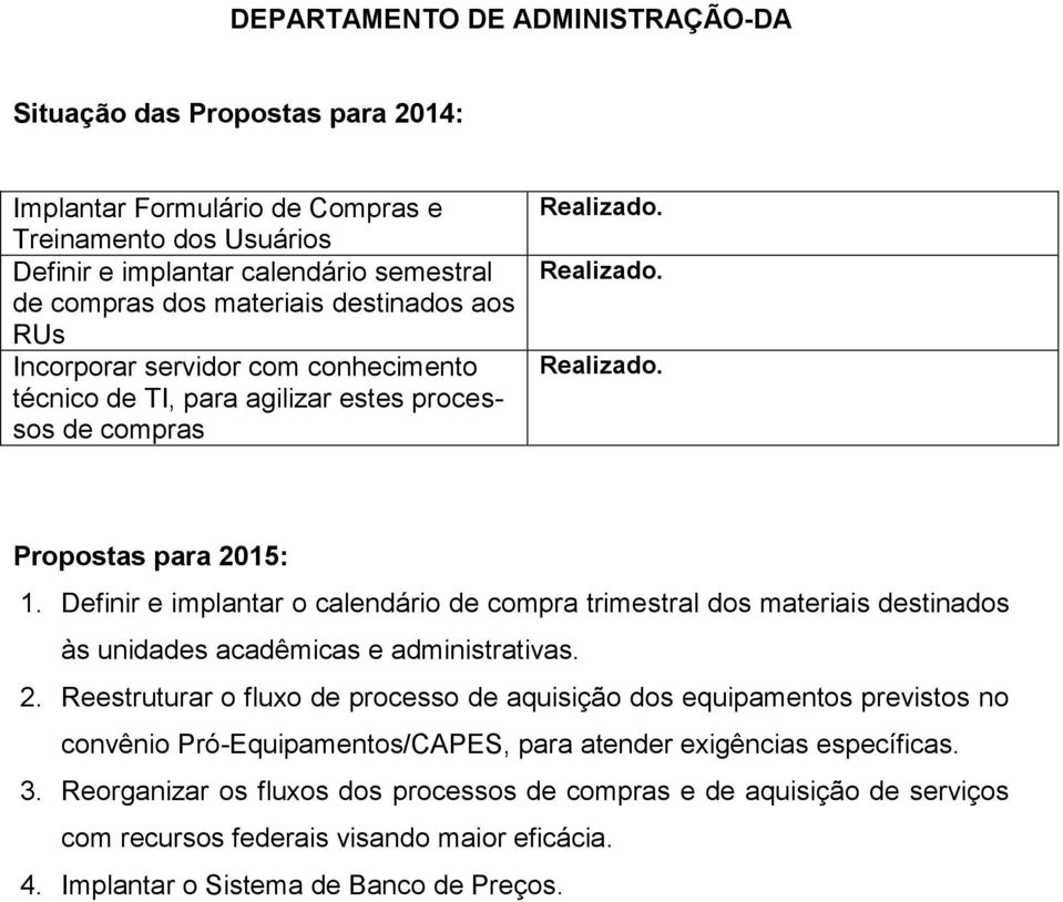 Definir e implantar o calendário de compra trimestral dos materiais destinados às unidades acadêmicas e administrativas. 2.