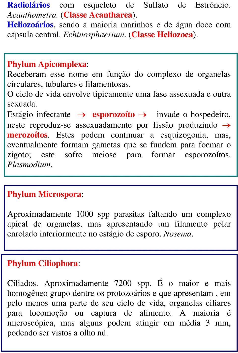 Estágio infectante esporozoíto invade o hospedeiro, neste reproduz-se assexuadamente por fissão produzindo merozoítos.