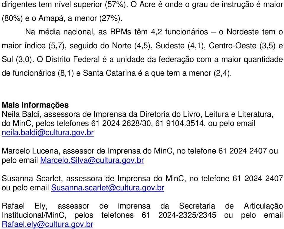 O Distrito Federal é a unidade da federação com a maior quantidade de funcionários (8,1) e Santa Catarina é a que tem a menor (2,4).
