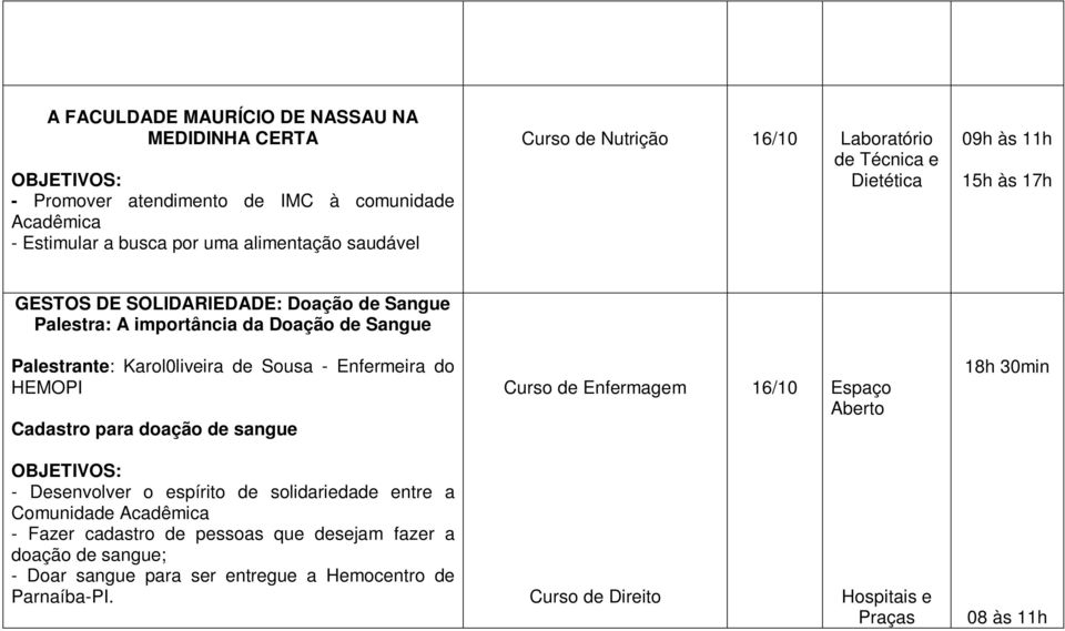 Sousa - Enfermeira do HEMOPI Cadastro para doação de sangue Curso de Enfermagem 16/10 Espaço Aberto 18h 30min OBJETIVOS: - Desenvolver o espírito de solidariedade entre a