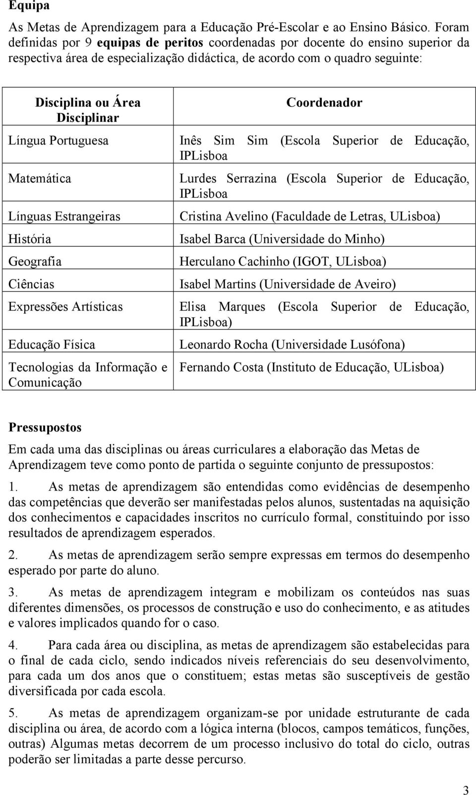 Língua Portuguesa Matemática Línguas Estrangeiras História Geografia Ciências Expressões Artísticas Física Tecnologias da Informação e Comunicação Coordenador Inês Sim Sim (Escola Superior de,