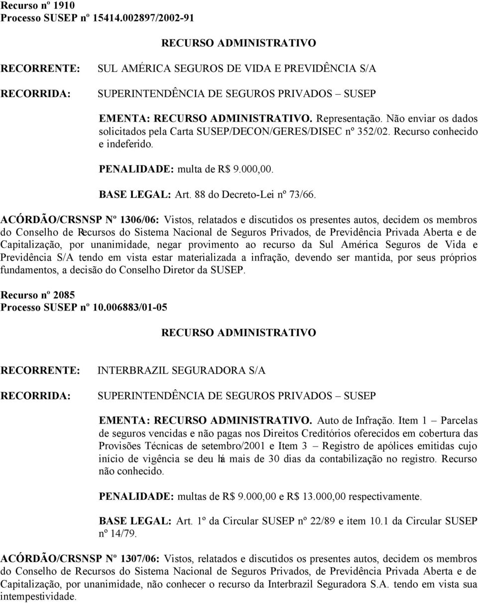 ACÓRDÃO/CRSNSP Nº 1306/06: Vistos, relatados e discutidos os presentes autos, decidem os membros Capitalização, por unanimidade, negar provimento ao recurso da Sul América Seguros de Vida e