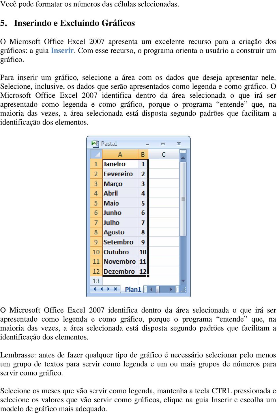 Selecione, inclusive, os dados que serão apresentados como legenda e como gráfico.