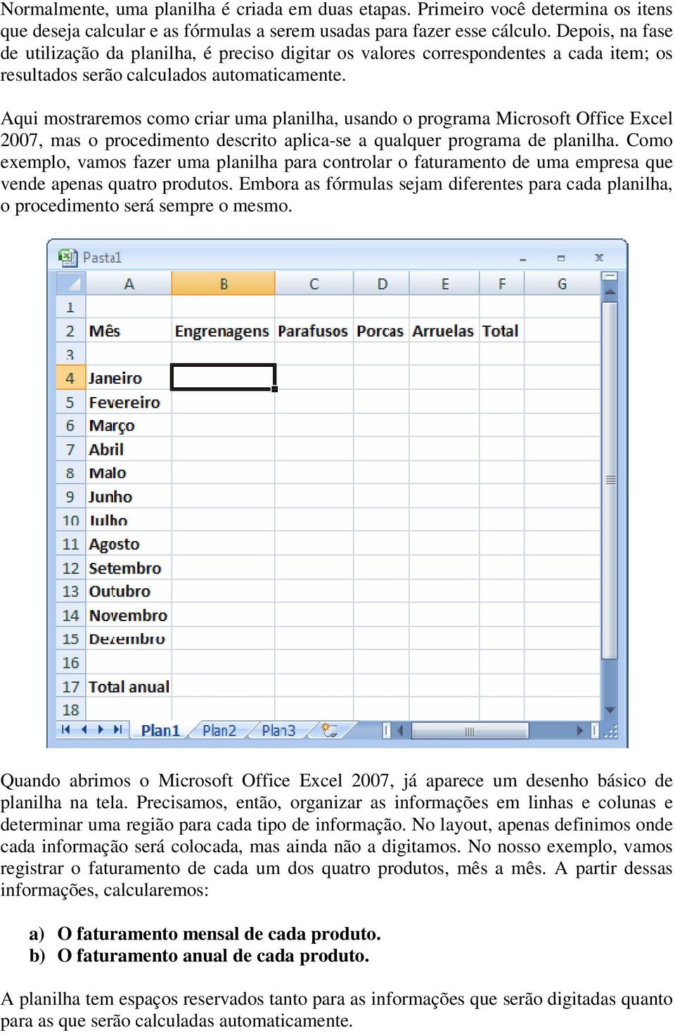 Aqui mostraremos como criar uma planilha, usando o programa Microsoft Office Excel 2007, mas o procedimento descrito aplica-se a qualquer programa de planilha.