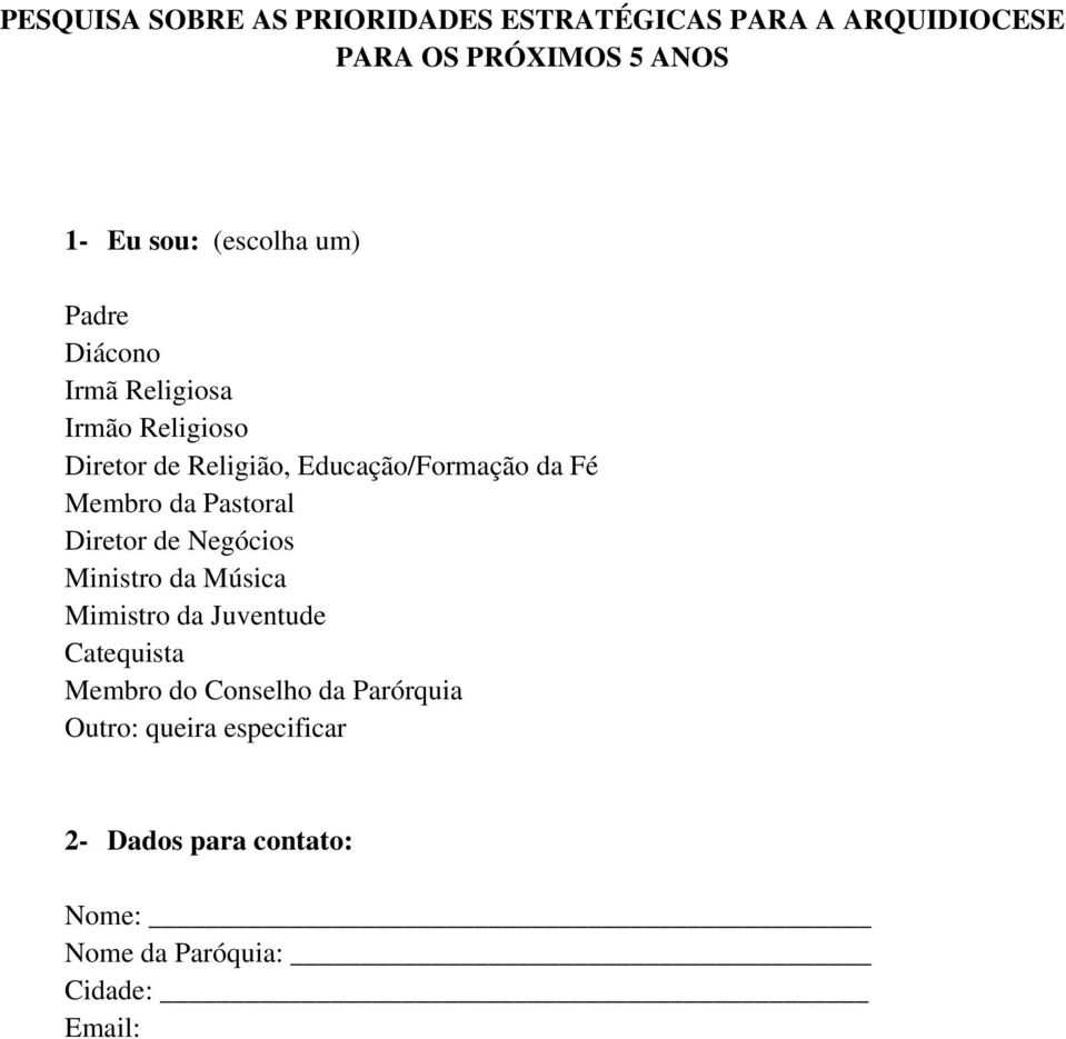 Membro da Pastoral Diretor de Negócios Ministro da Música Mimistro da Juventude Catequista Membro do