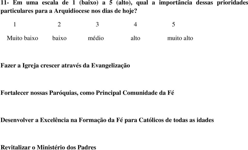 1 2 3 4 5 Muito baixo baixo médio alto muito alto Fazer a Igreja crescer através da Evangelização