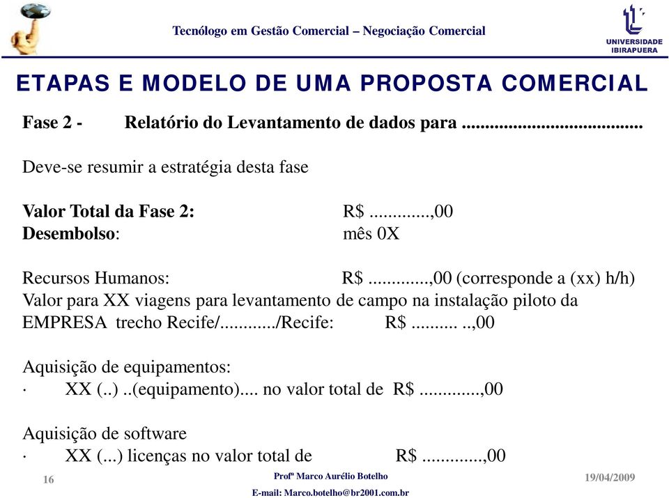 ..,00 (corresponde a (xx) h/h) Valor para XX viagens para levantamento de campo na instalação piloto da EMPRESA