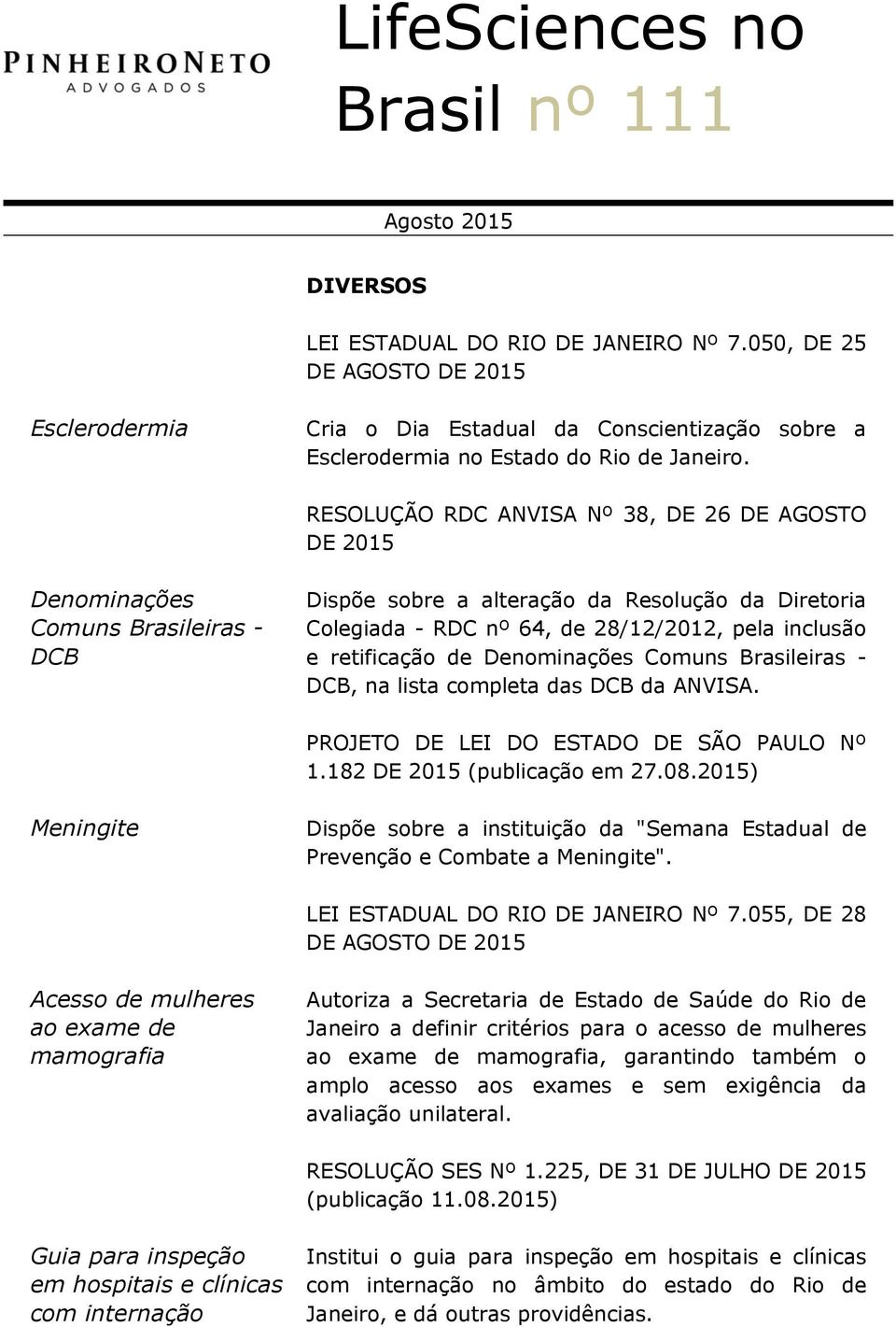 retificação de Denominações Comuns Brasileiras - DCB, na lista completa das DCB da ANVISA. PROJETO DE LEI DO ESTADO DE SÃO PAULO Nº 1.182 DE 2015 (publicação em 27.08.