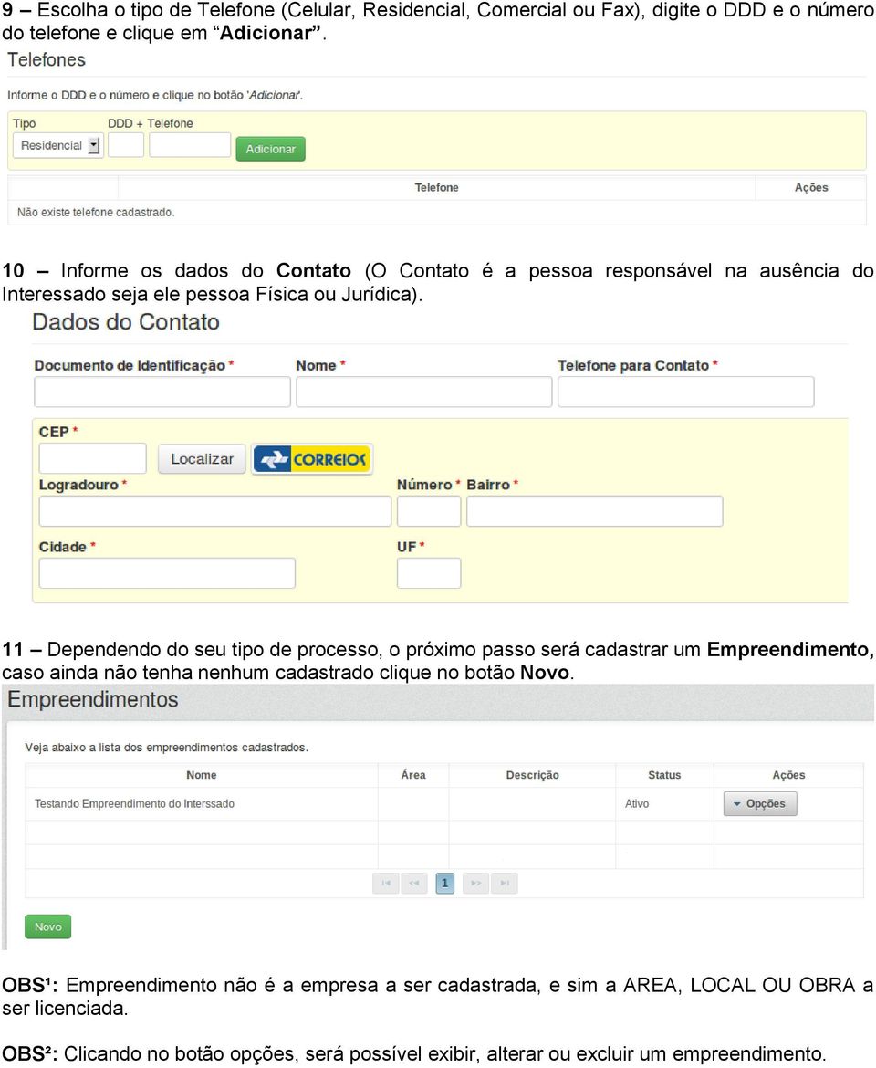 11 Dependendo do seu tipo de processo, o próximo passo será cadastrar um Empreendimento, caso ainda não tenha nenhum cadastrado clique no botão Novo.