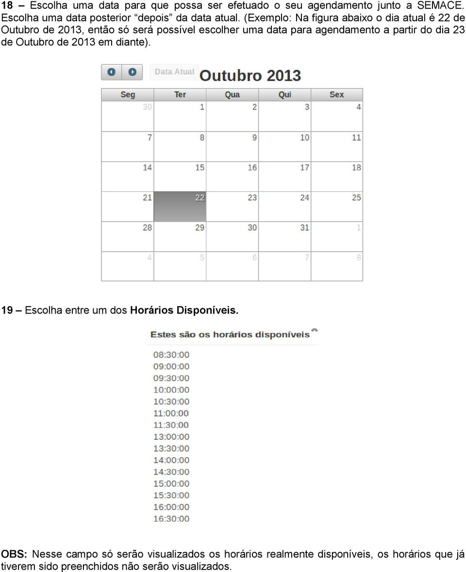 (Exemplo: Na figura abaixo o dia atual é 22 de Outubro de 2013, então só será possível escolher uma data para agendamento