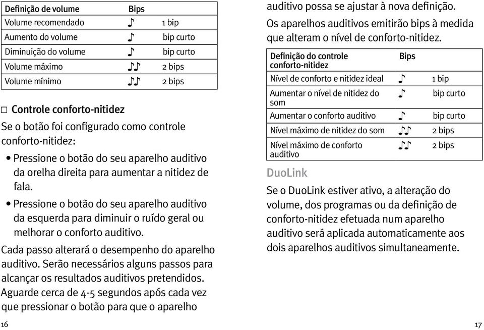 Pressione o botão do seu aparelho auditivo da esquerda para diminuir o ruído geral ou melhorar o conforto auditivo. Cada passo alterará o desempenho do aparelho auditivo.