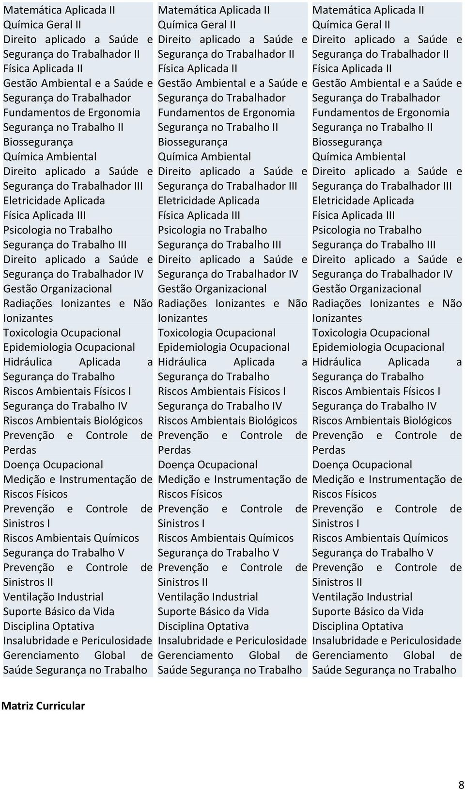 Organizacional Radiações Ionizantes e Não Ionizantes Toxicologia Ocupacional Epidemiologia Ocupacional Hidráulica Aplicada a Segurança do Trabalho Riscos Ambientais Físicos I Segurança do Trabalho IV