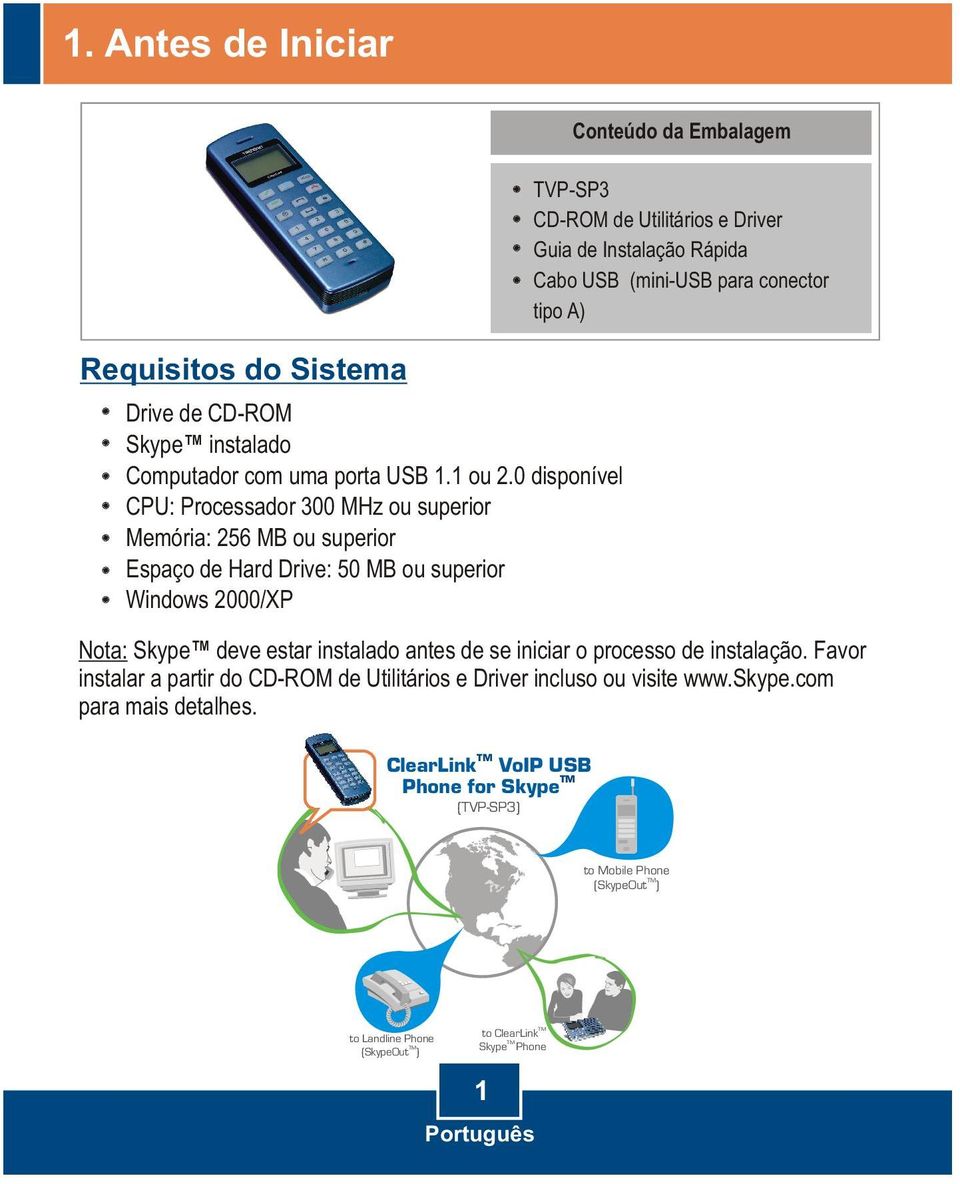 Utilitários e Driver Guia de Instalação Rápida Cabo USB (mini-usb para conector tipo A) Nota: Skype deve estar instalado antes de se iniciar o processo de instalação.