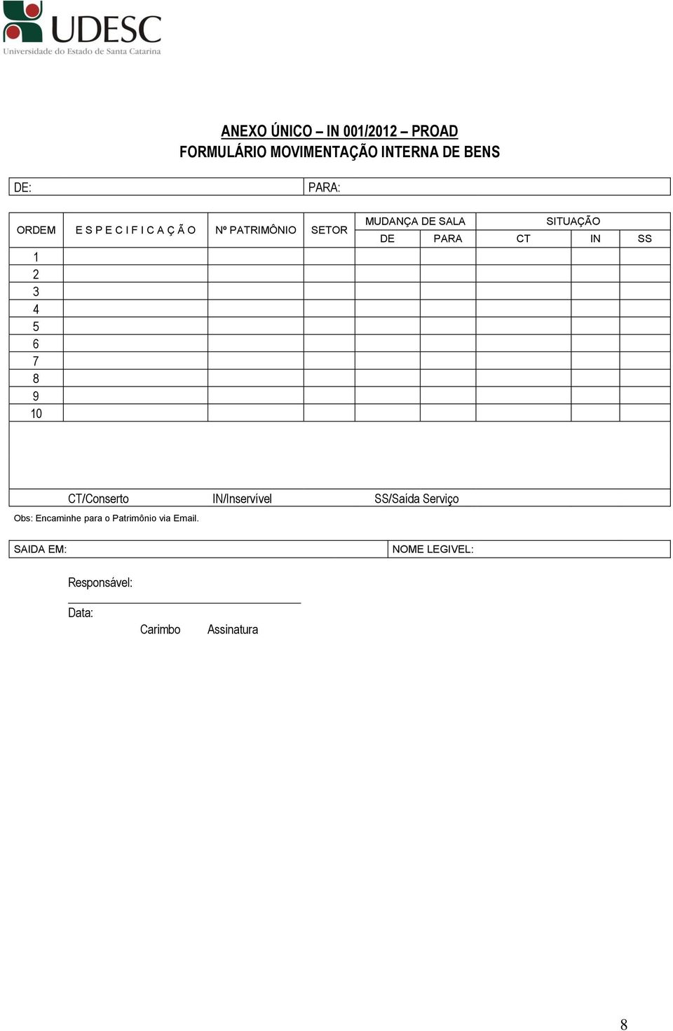 SITUAÇÃO DE PARA CT IN SS CT/Conserto IN/Inservível SS/Saída Serviço Obs: Encaminhe