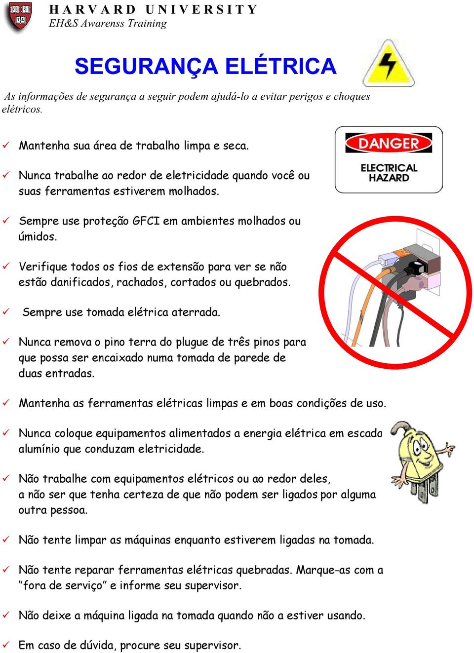 Verifique todos os fios de extensão para ver se não estão danificados, rachados, cortados ou quebrados. Sempre use tomada elétrica aterrada.