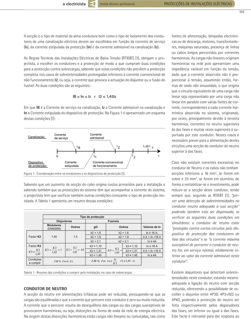 As Regras Técnicas das Instalações Eléctricas de Baixa Tensão (RTIEBT) [], obrigam o projectista, a escolher os condutores e a protecção de modo a que cumpram duas condições para a protecção contra