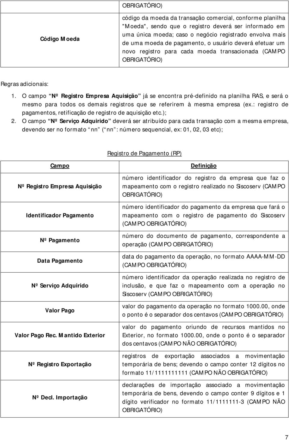 O campo Nº Registro Empresa Aquisição já se encontra pré-definido na planilha RAS, e será o mesmo para todos os demais registros que se referirem à mesma empresa (ex.