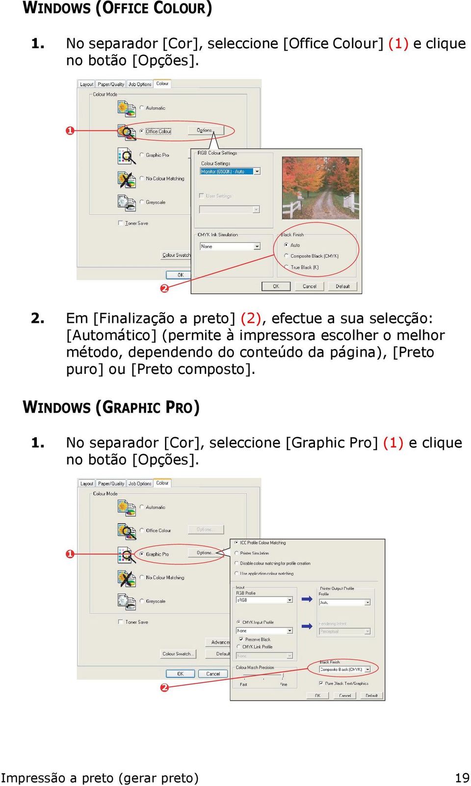 Em [Finalização a preto] (2), efectue a sua selecção: [Automático] (permite à impressora escolher o melhor