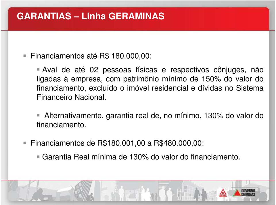 150% do valor do financiamento, excluído o imóvel residencial e dívidas no Sistema Financeiro Nacional.