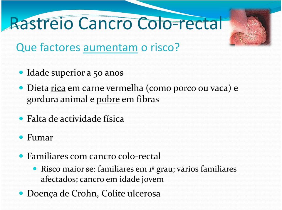 gordura animal e pobre em fibras Falta de actividade física Fumar Familiares com