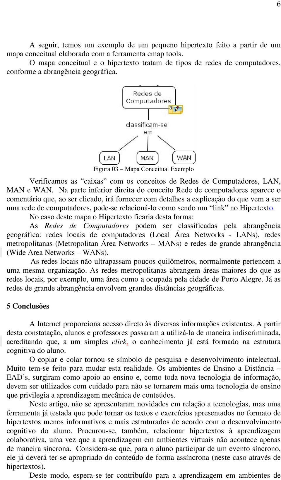 Figura 03 Mapa Conceitual Exemplo Verificamos as caixas com os conceitos de Redes de Computadores, LAN, MAN e WAN.