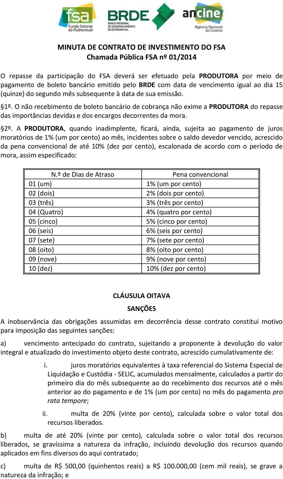 A PRODUTORA, quando inadimplente, ficará, ainda, sujeita ao pagamento de juros moratórios de 1% (um por cento) ao mês, incidentes sobre o saldo devedor vencido, acrescido da pena convencional de até