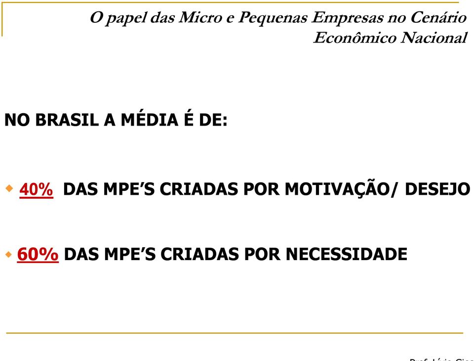 MÉDIA É DE: 40% DAS MPE S CRIADAS POR