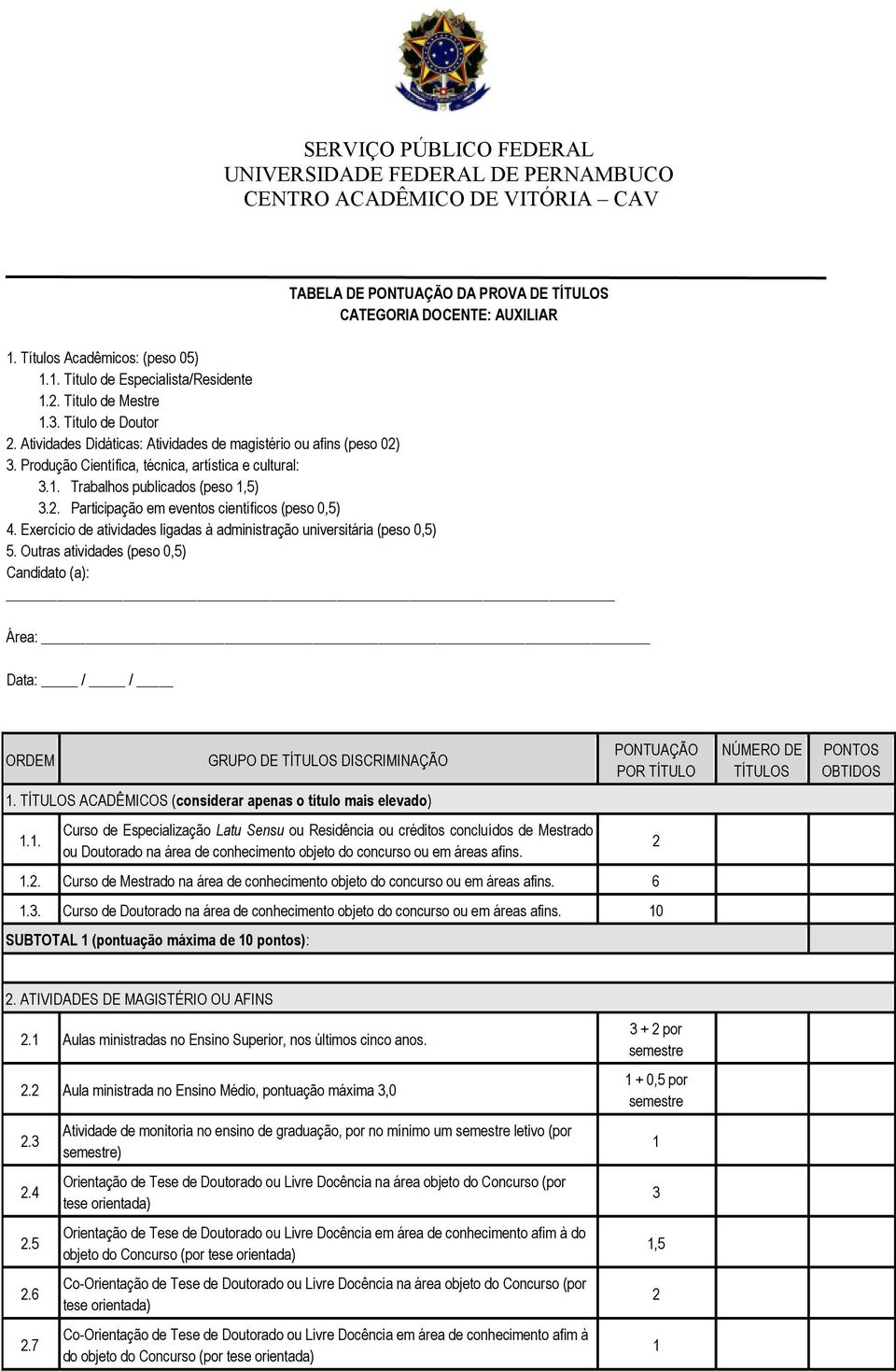 Exercício de atividades ligadas à administração universitária (peso ) 5. Outras atividades (peso ) Candidato (a): Área: Data: / / ORDEM GRUPO DE TÍTULOS DISCRIMINAÇÃO.