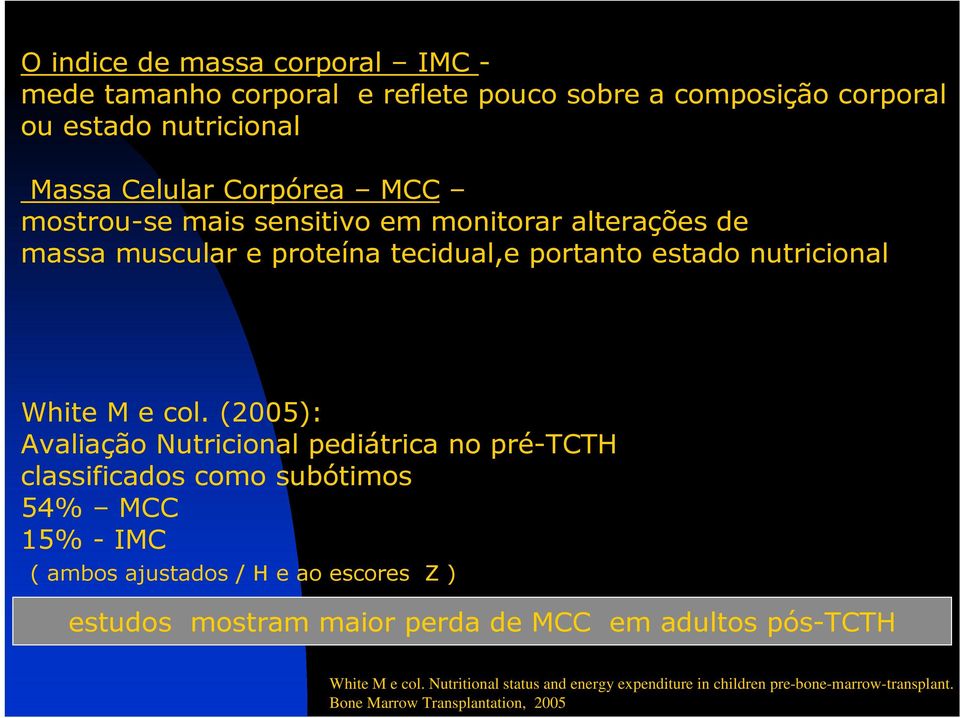 (2005): Avaliação Nutricional pediátrica no pré-tcth classificados como subótimos 54% MCC 15% - IMC ( ambos ajustados / H e ao escores Z ) estudos