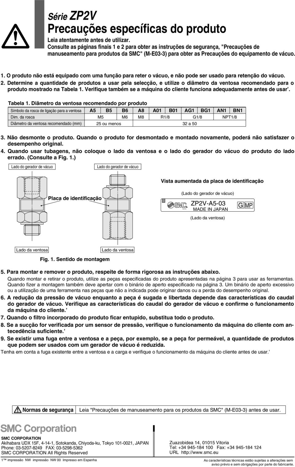 2. Determine a quantidade de produtos a usar pela selecção, e utilize o diâmetro da ventosa recomendado para o produto mostrado na Tabela 1.