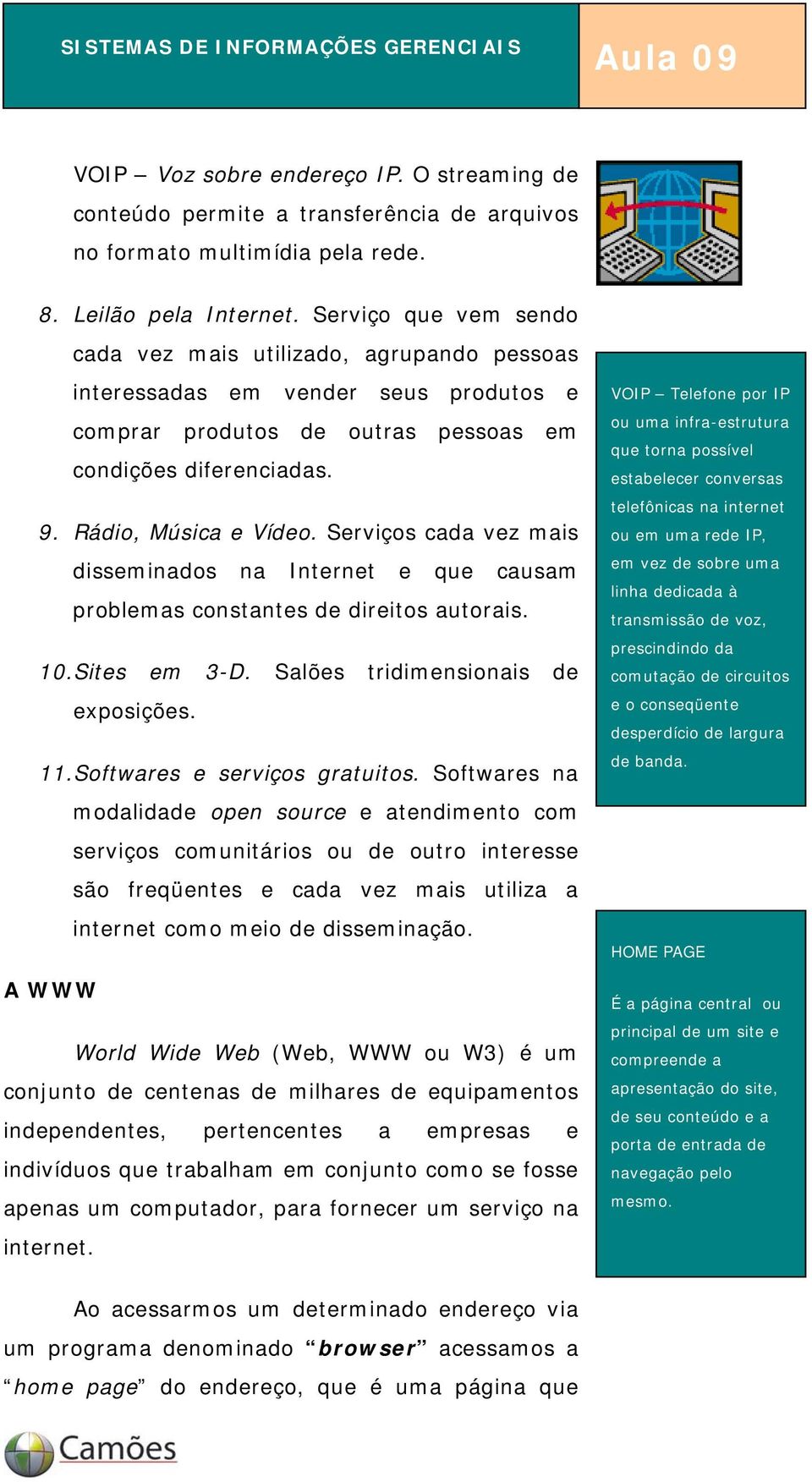 Serviços cada vez mais disseminados na Internet e que causam problemas constantes de direitos autorais. 10.Sites em 3-D. Salões tridimensionais de exposições. 11.Softwares e serviços gratuitos.