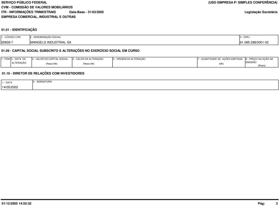 9 - CAPITAL SOCIAL SUBSCRITO E ALTERAÇÕES NO EXERCÍCIO SOCIAL EM CURSO 1- ITEM 2 - DATA DA ALTERAÇÃO 3 - VALOR DO CAPITAL SOCIAL