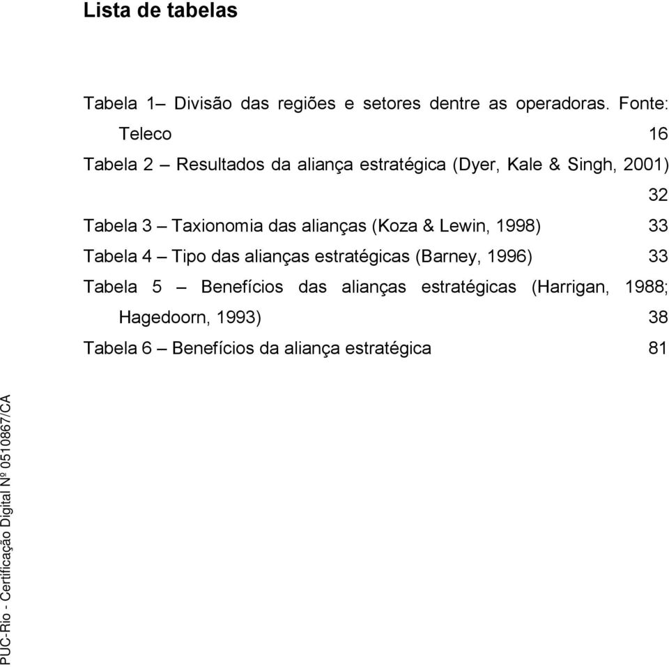 Taxionomia das alianças (Koza & Lewin, 1998) 33 Tabela 4 Tipo das alianças estratégicas (Barney, 1996)