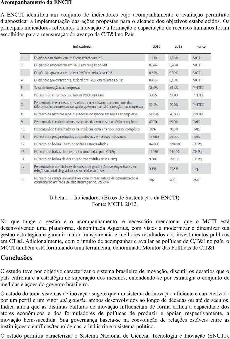 Tabela 1 Indicadores (Eixos de Sustentação da ENCTI). Fonte: MCTI, 2012.