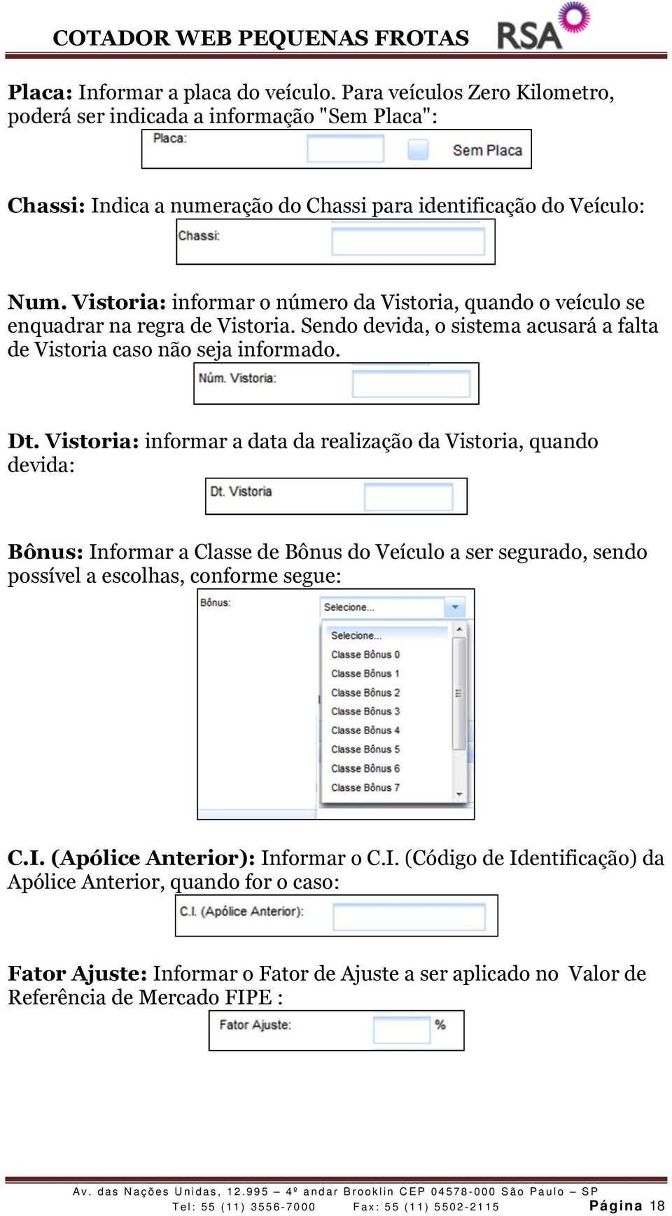 Vistoria: informar a data da realização da Vistoria, quando devida: Bônus: Informar a Classe de Bônus do Veículo a ser segurado, sendo possível a escolhas, conforme segue: C.I. (Apólice Anterior): Informar o C.