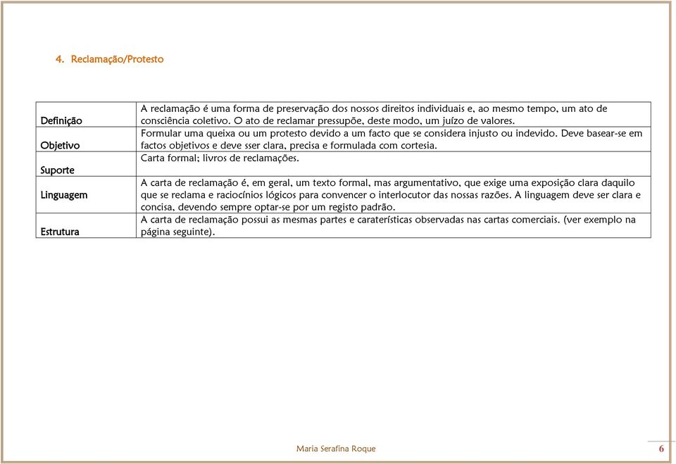 Deve basear-se em factos objetivos e deve sser clara, precisa e formulada com cortesia. Carta formal; livros de reclamações.