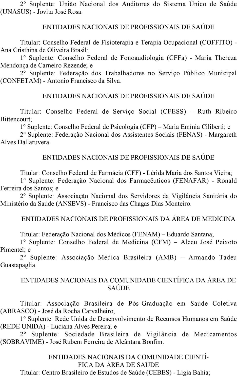 Carneiro Rezende; e 2º Suplente: Federação dos Trabalhadores no Serviço Público Municipal (CONFETAM) - Antonio Francisco da Silva.