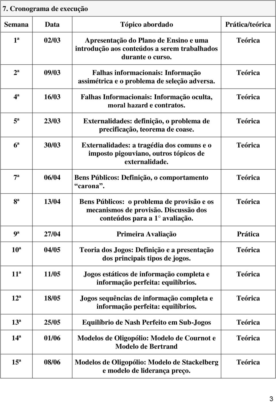 5ª 23/03 Externalidades: definição, o problema de precificação, teorema de coase. 6ª 30/03 Externalidades: a tragédia dos comuns e o imposto pigouviano, outros tópicos de externalidade.